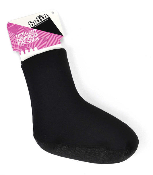 Balin Fin Sox 2mm Neoprene Long Full Boot, side view of long black fin sock with packaging