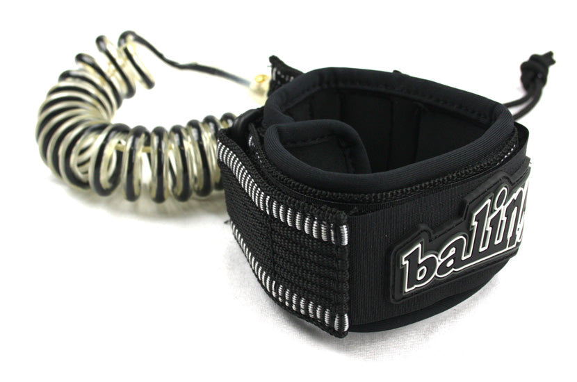 Balin Elbow Coil 7.0mm Bodyboard Leash, close-up of black cuff and clear coiled cord