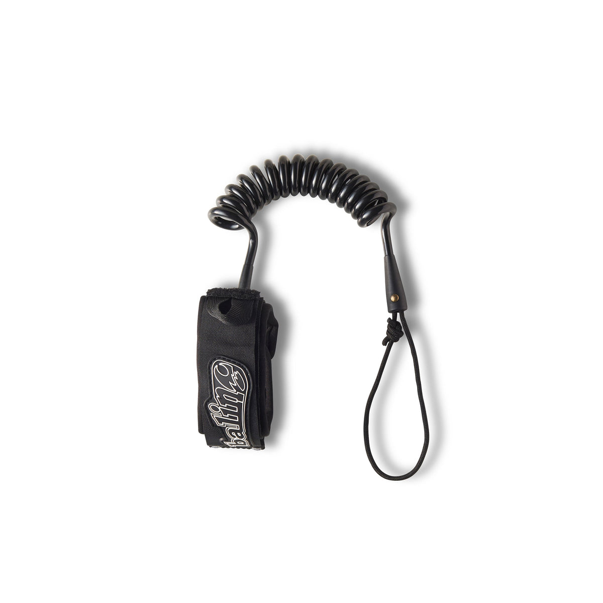 Balin Elbow Coil 7.0mm Bodyboard Leash, black coiled leash laid out with elbow cuff and cord loop