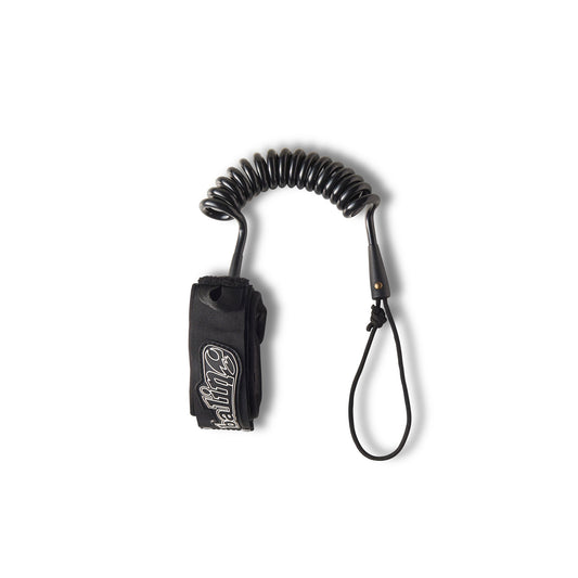 Balin Elbow Coil 7.0mm Bodyboard Leash, black coiled leash laid out with elbow cuff and cord loop