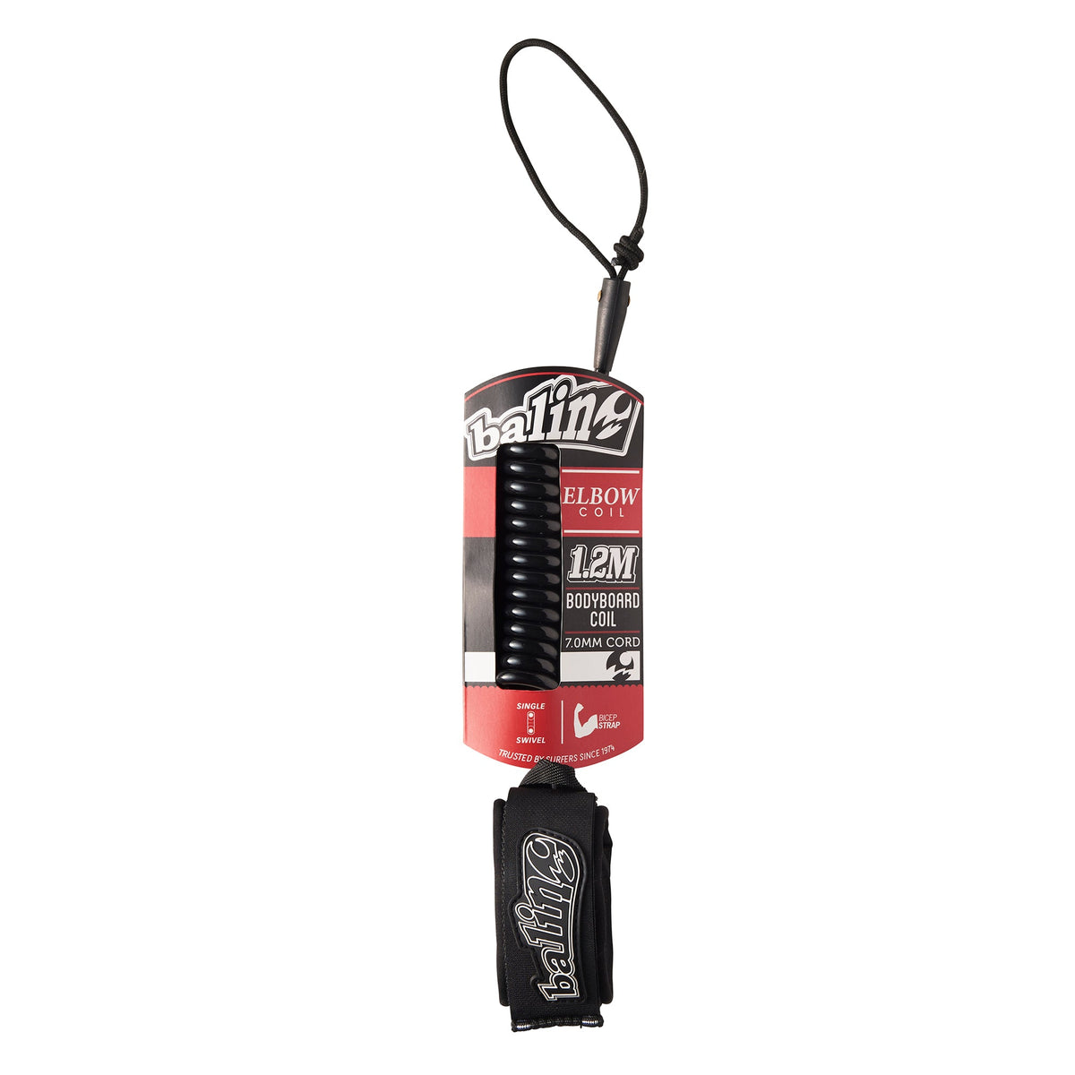Balin Elbow Coil 7.0mm Bodyboard Leash, packaged elbow coil with cuff and cord visible