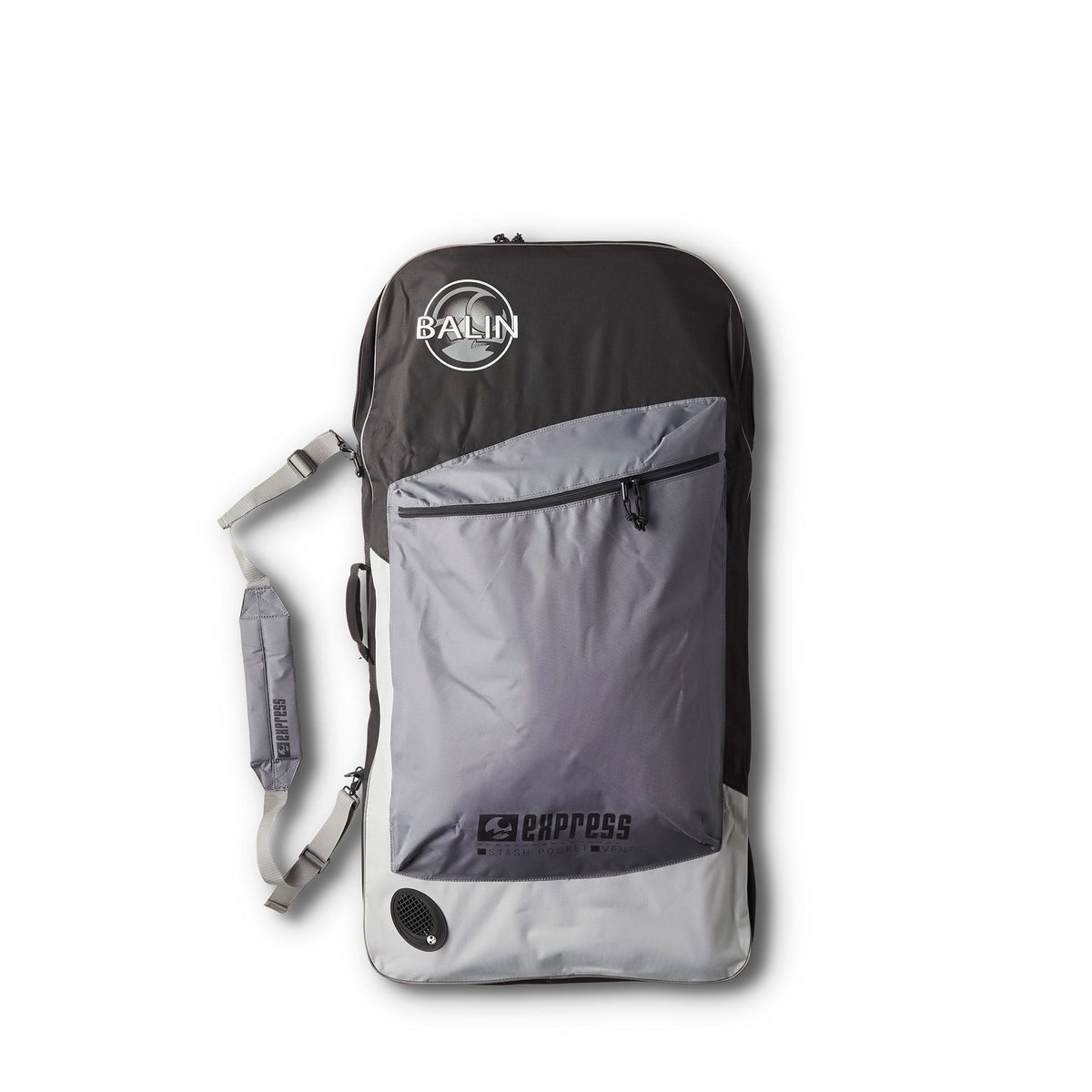 Balin Express Double Bodyboard Bag, black-and-grey bag with front zip pocket and shoulder strap