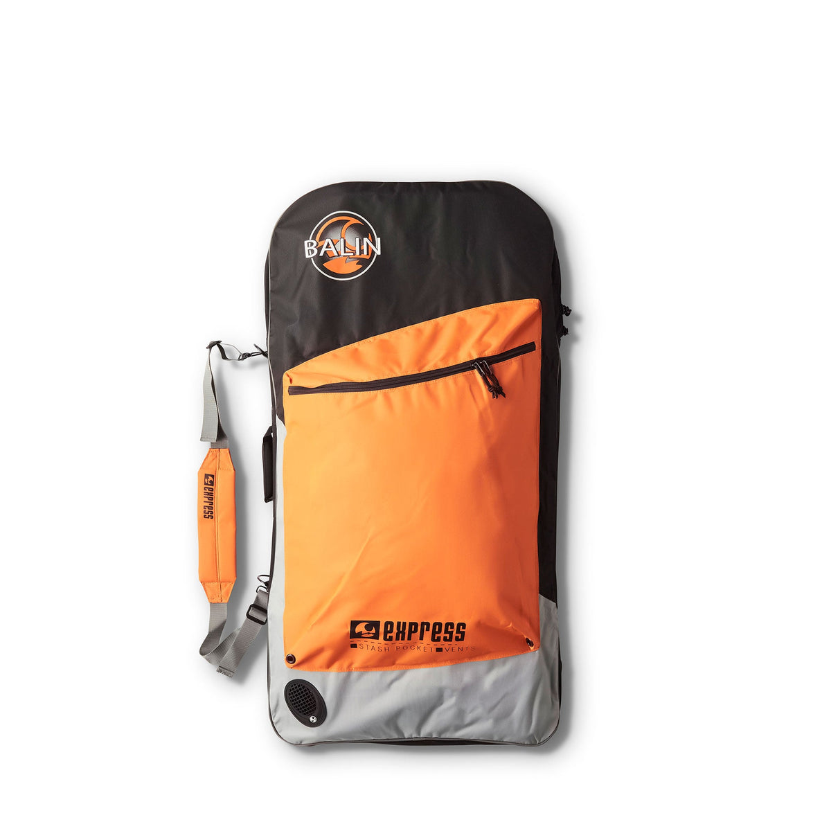 Balin Express Double Bodyboard Bag, black-and-orange bag with front zip pocket and shoulder strap