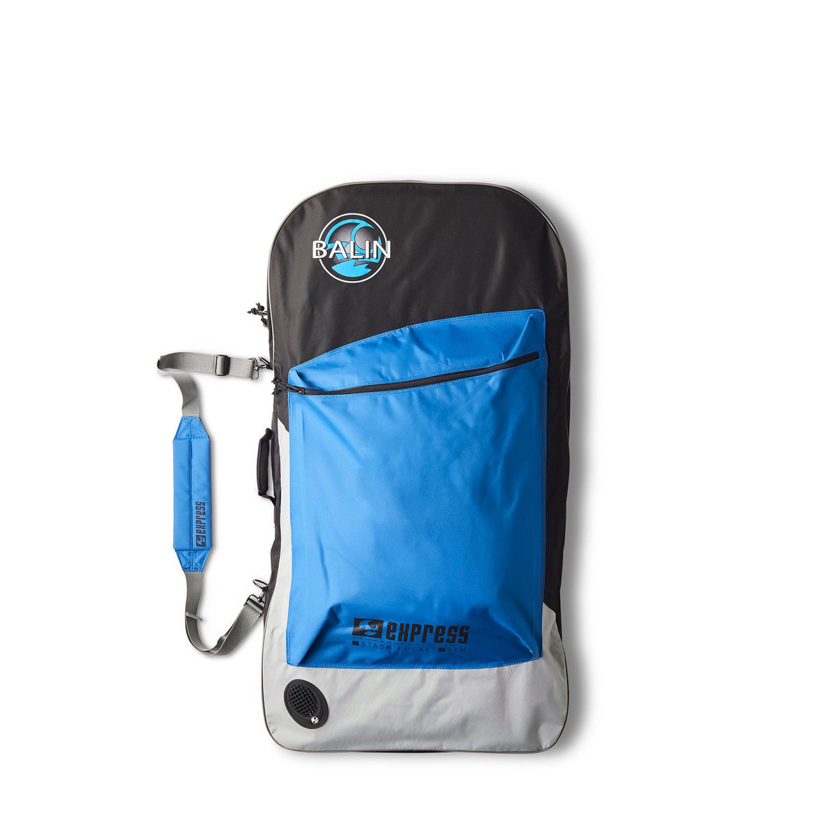 Balin Express Double Bodyboard Bag, black blue and grey bag exterior with front pocket