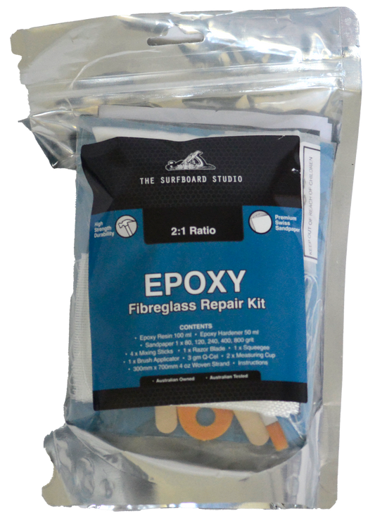 SurfBoardStudio Epoxy Fibreglass Repair Kit, front of packaged epoxy repair kit
