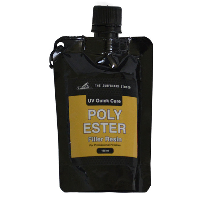 SurfBoardStudio UV Polyester Filler Resin 100ml, front of labelled polyester filler-resin pouch