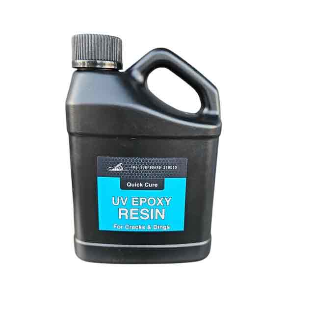 SurfBoardStudio UV Epoxy Resin 500ml, front of labelled UV epoxy resin bottle