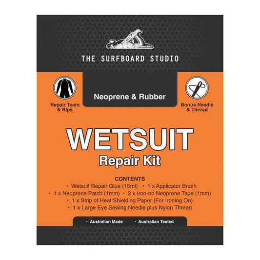 The Surfboard Studio Wetsuit Neoprene Cement Repair Kit, front of The Surfboard Studio repair-kit packaging