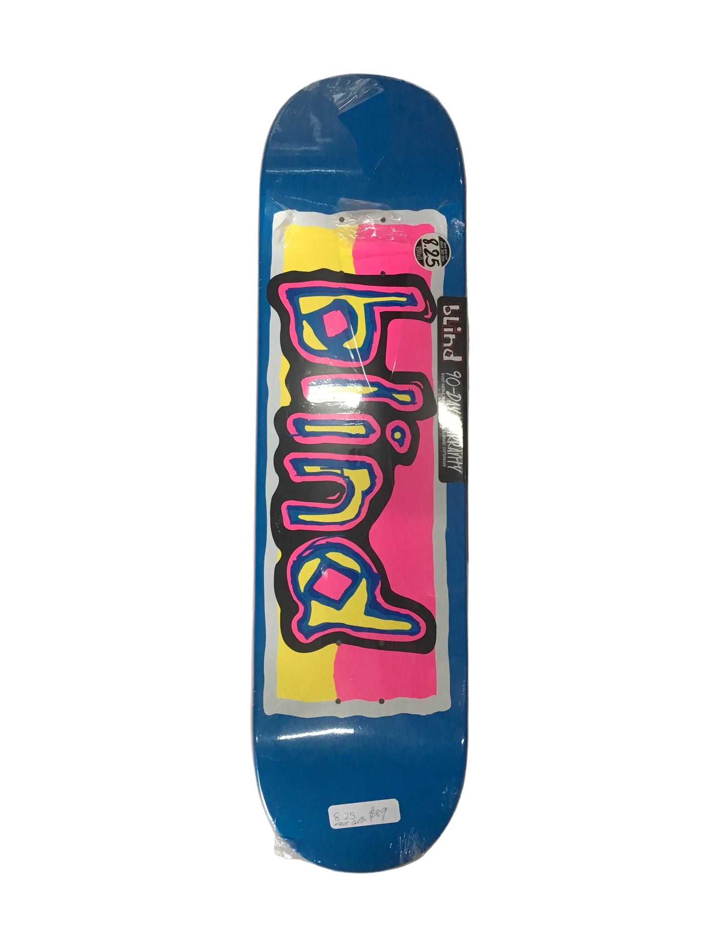 Blind Colored Logo RHM 8.25 skateboard deck in blue with pink and yellow graphic