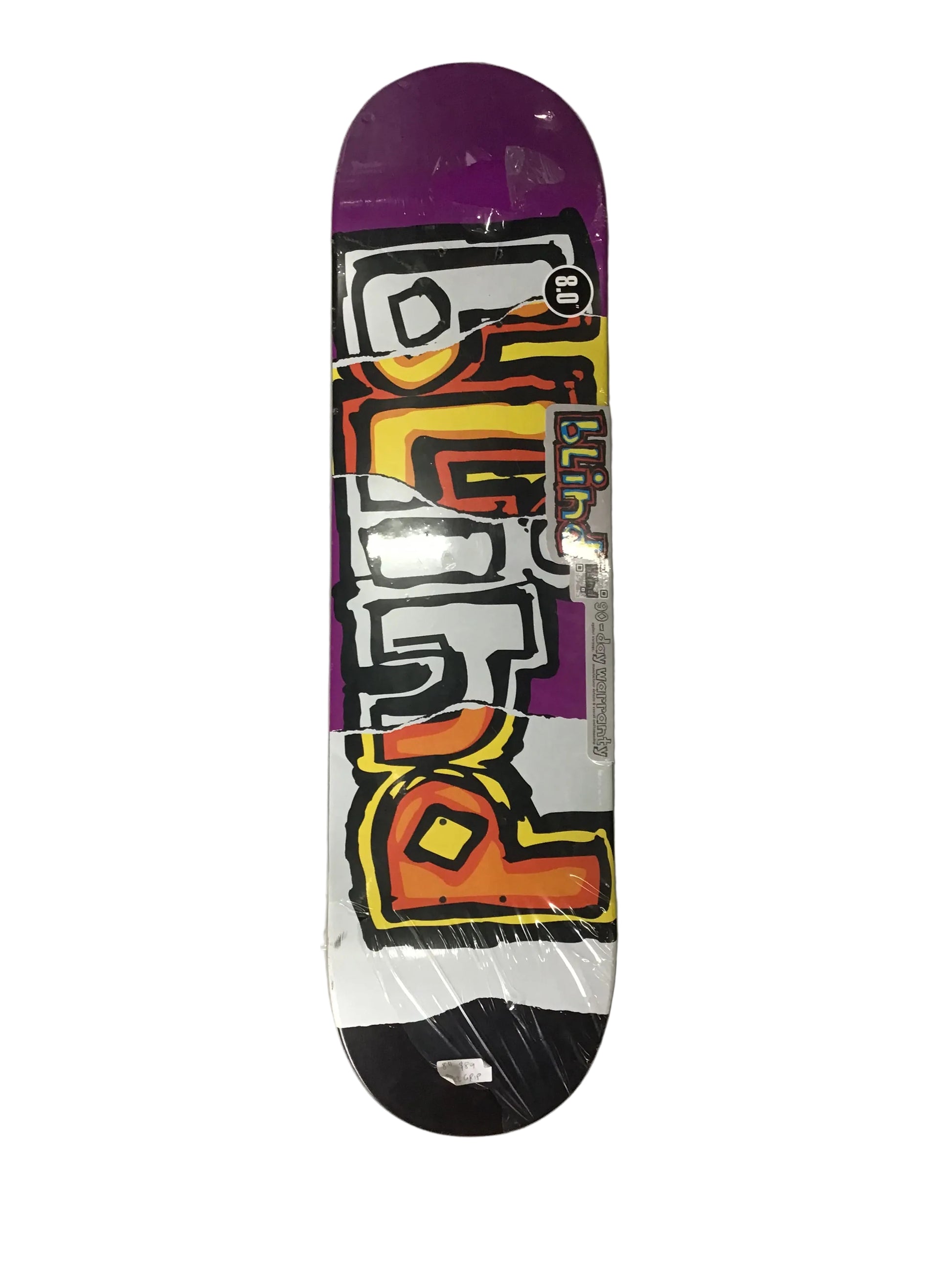 Blind OG Ripped HYB 8.0 skateboard deck in purple with white orange and yellow torn logo graphic