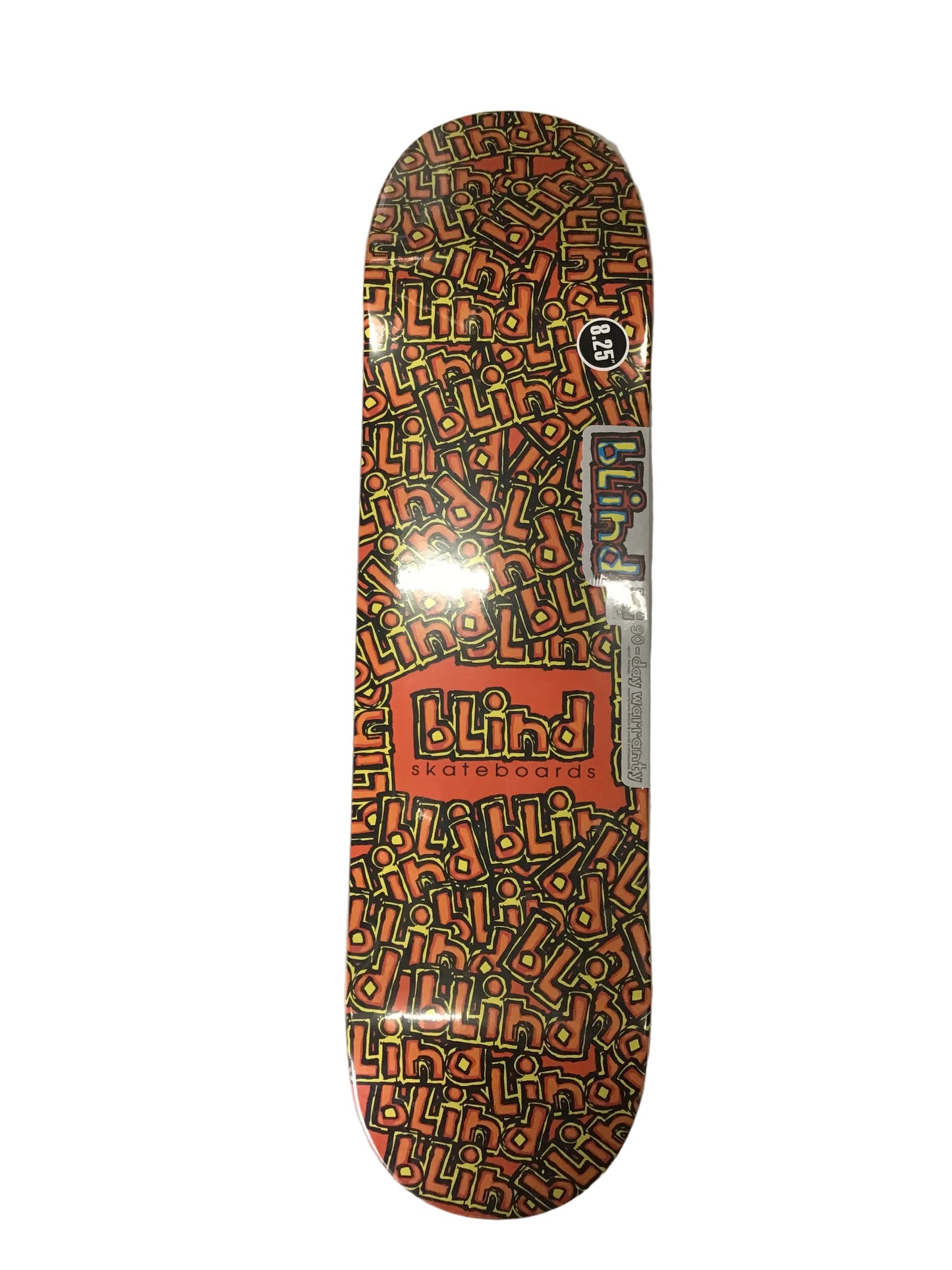 Blind OG Wallpaper 8.25 skateboard deck with orange yellow and black repeat logo graphic