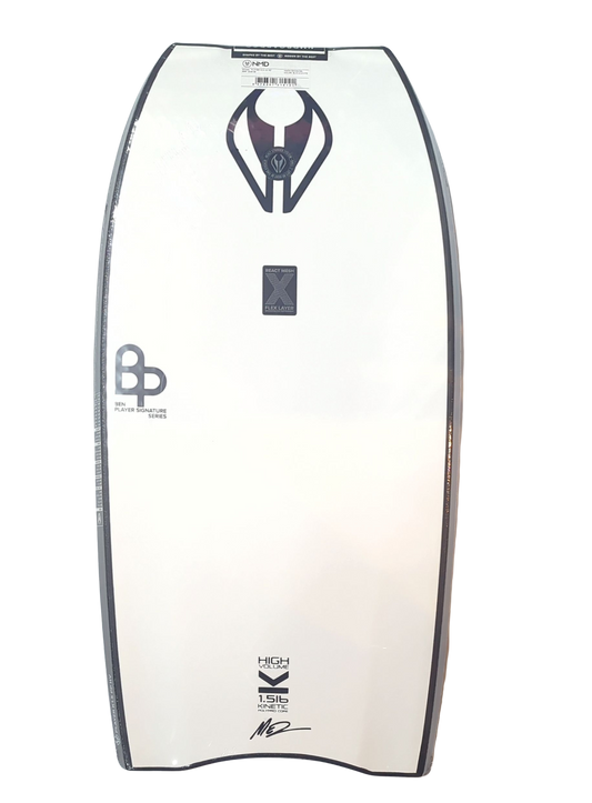 Bodyboard with branding and text on a white background