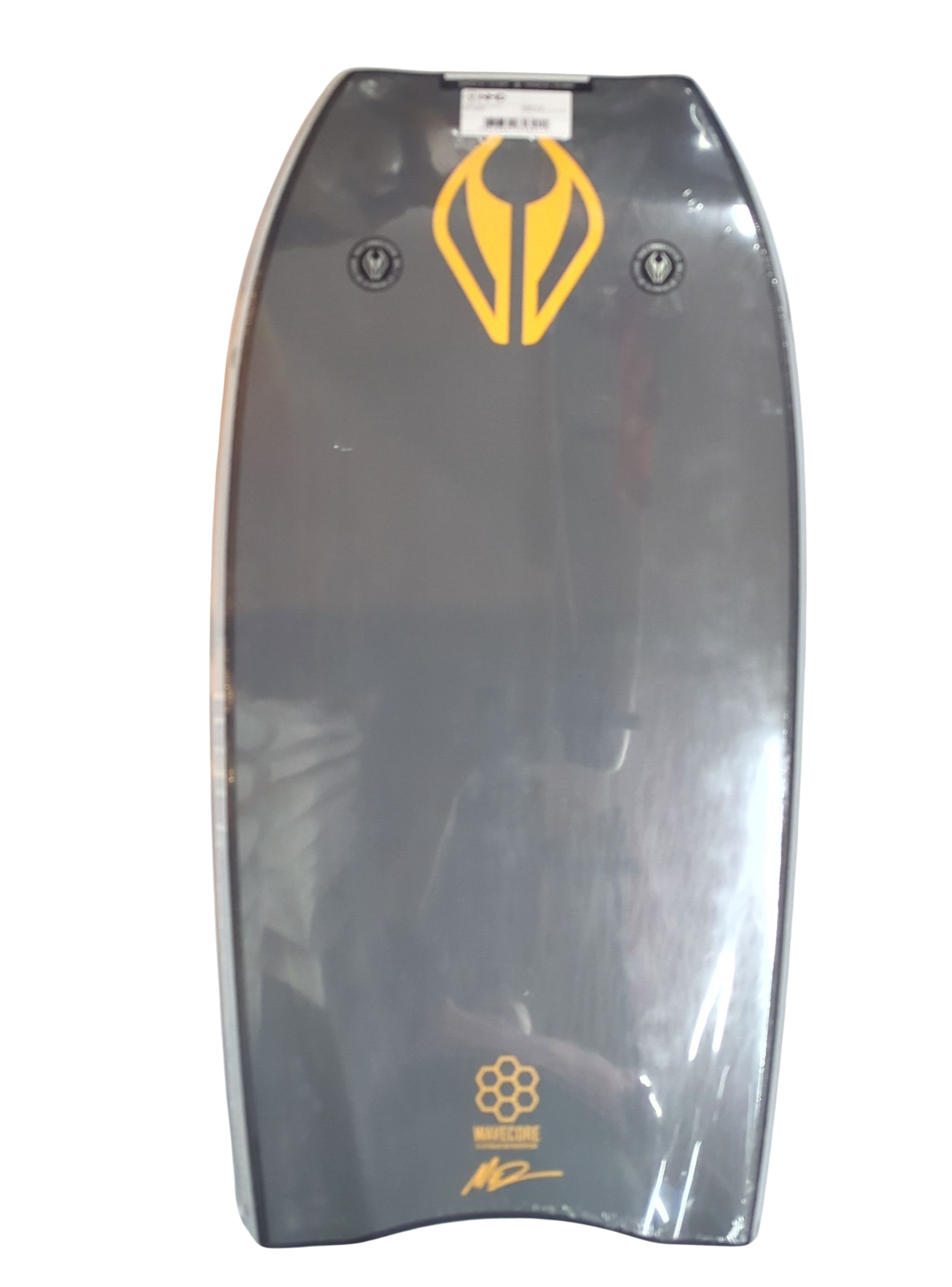 Bodyboard with a yellow logo on a clear background