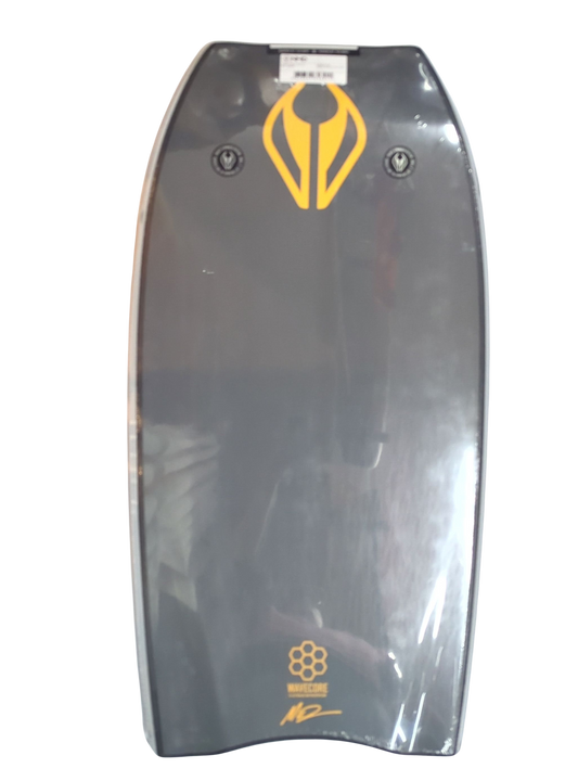 Bodyboard with a yellow logo on a clear background