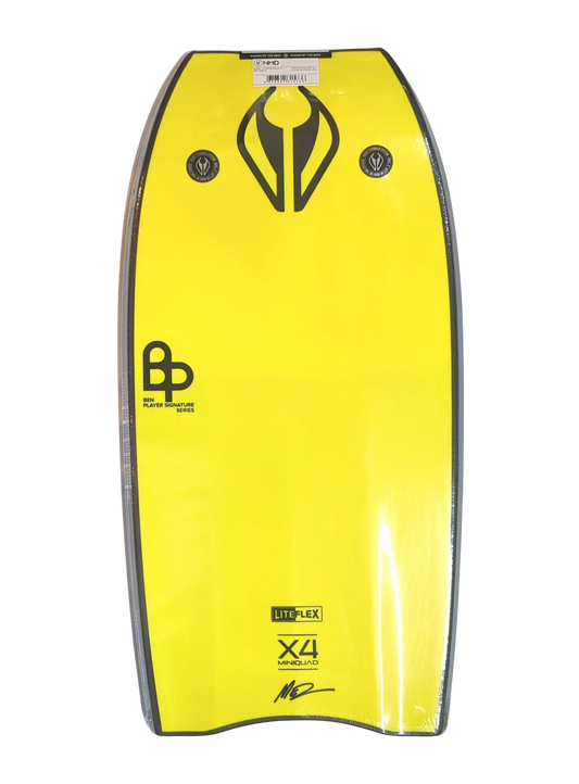 Yellow bodyboard with black logo on a white background