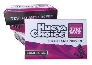 Box of Hueys Choice surf wax with branding and product details.