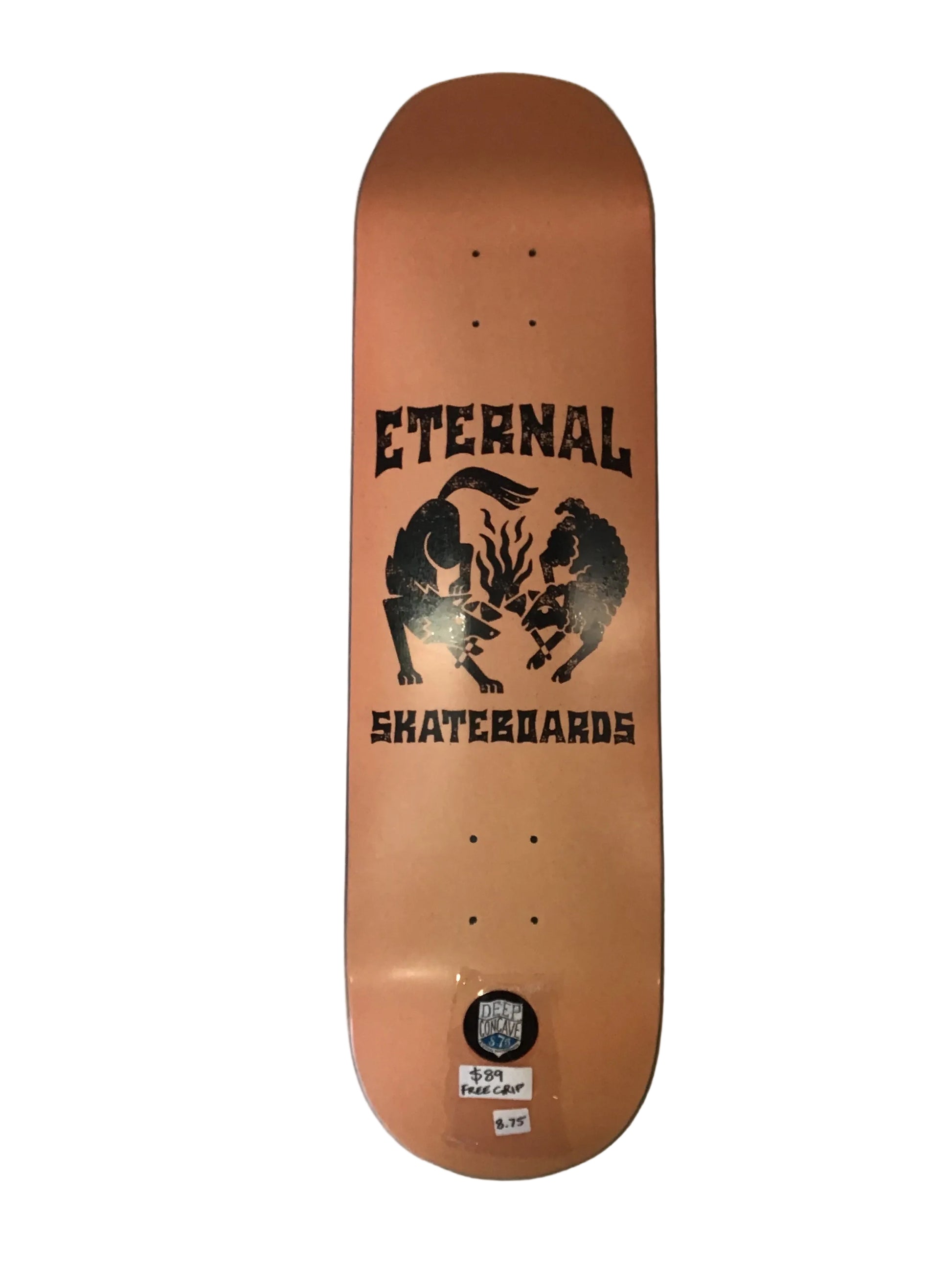 Eternal Caveman 8.75 deep concave skateboard deck with black graphic on natural woodgrain