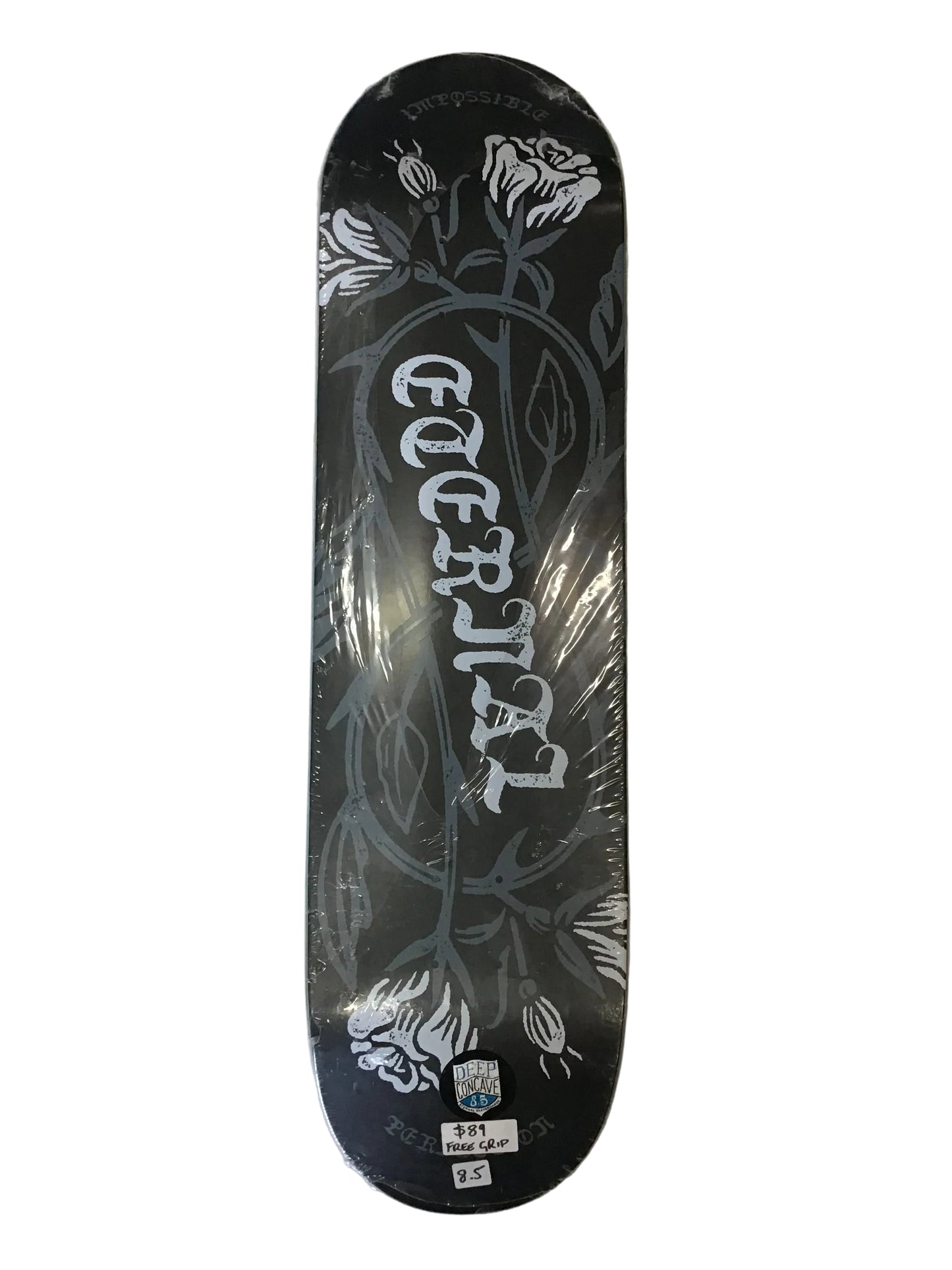 Eternal Impossible Perfection 8.5 deep concave skateboard deck with black and white floral graphic