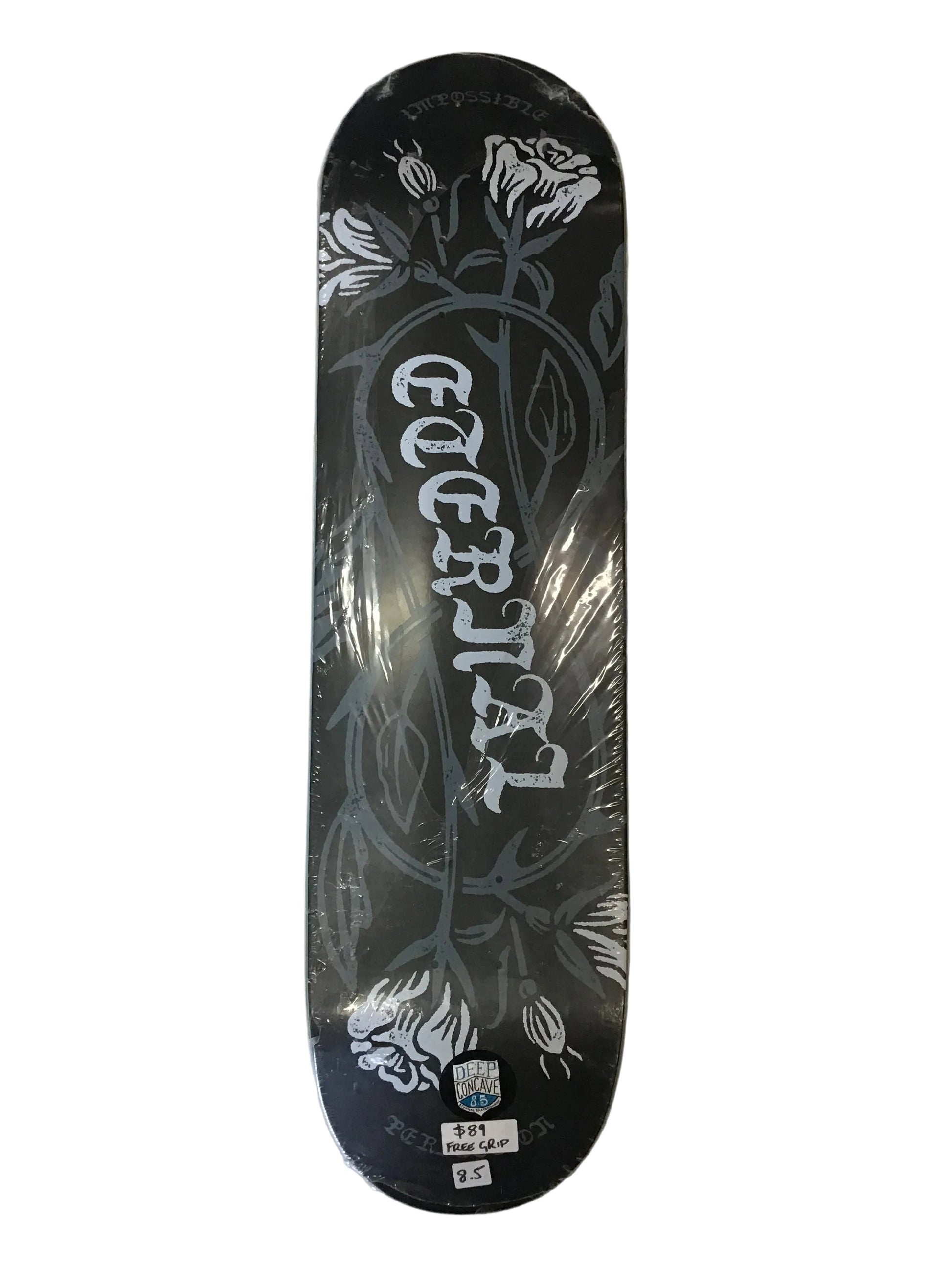 Eternal Impossible Perfection 8.5 deep concave skateboard deck with black and white floral graphic