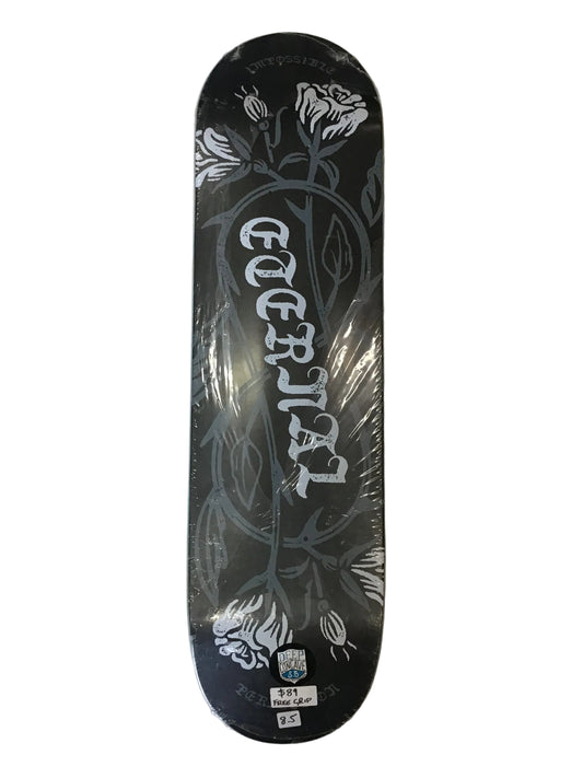 Eternal Impossible Perfection 8.5 deep concave skateboard deck with black and white floral graphic