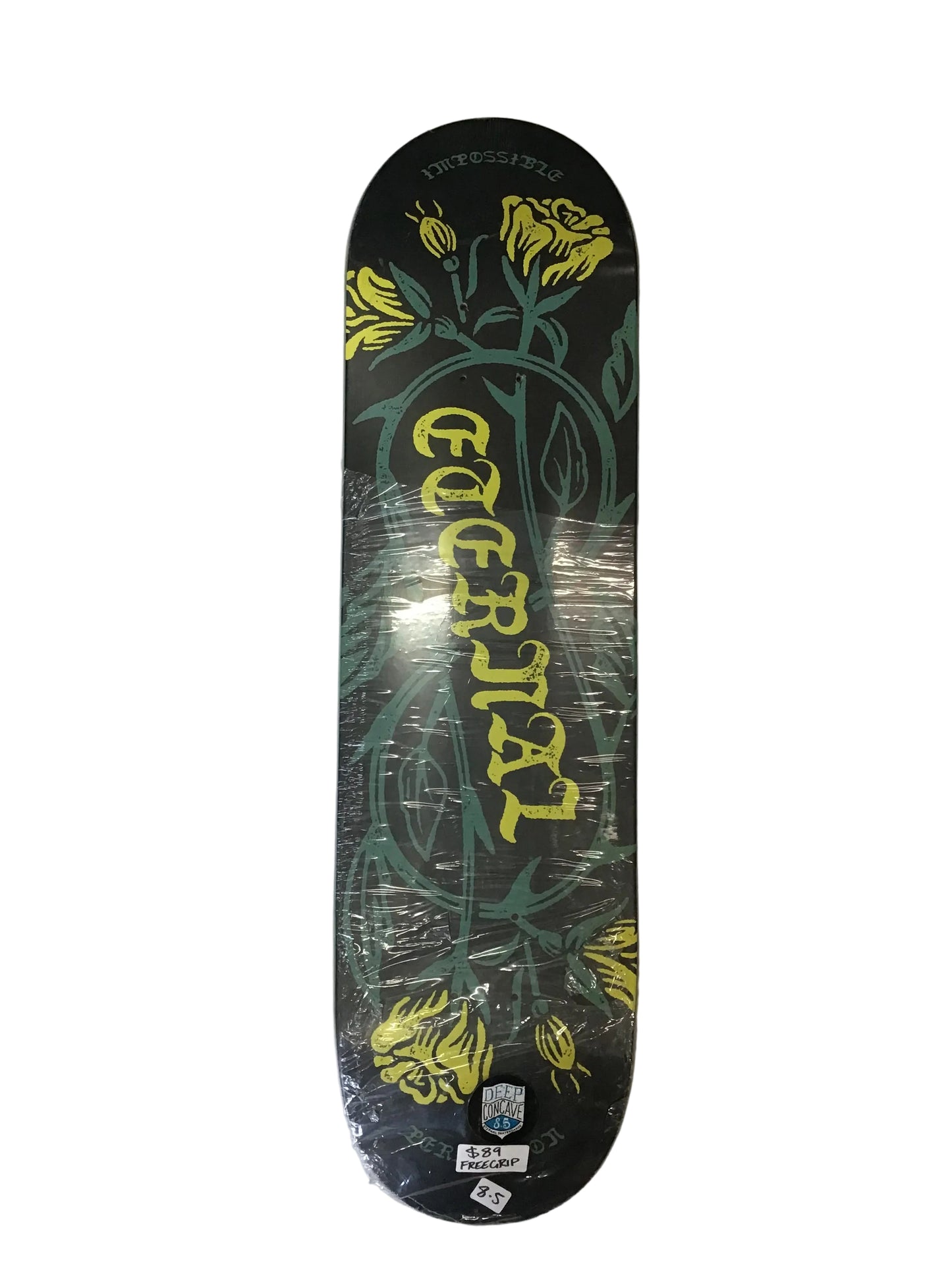 Eternal Impossible Perfection 8.5 deep concave skateboard deck with yellow floral graphic on black base