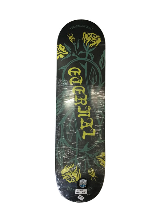 Eternal Impossible Perfection 8.5 deep concave skateboard deck with yellow floral graphic on black base