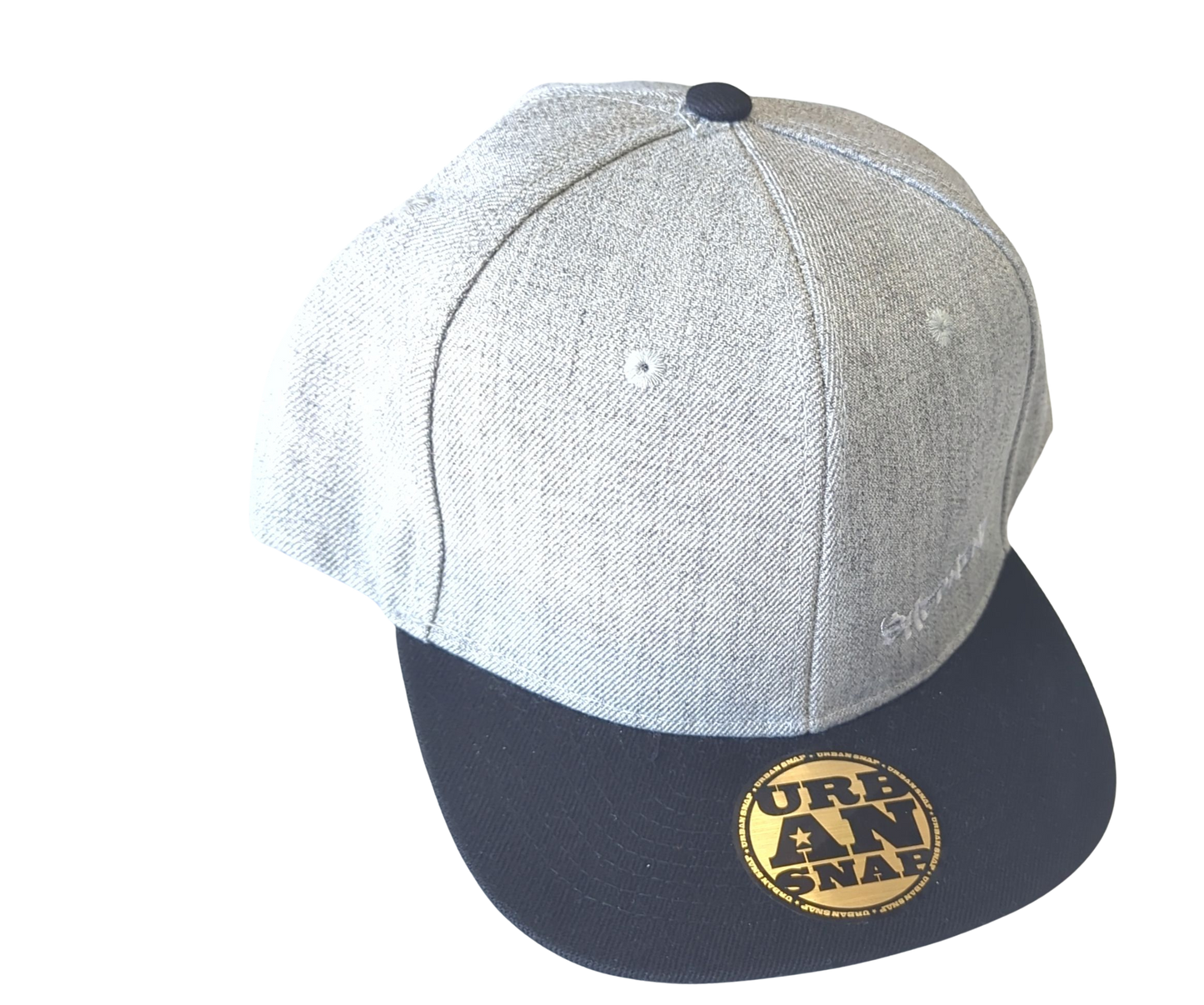 Gray and navy cap with 'Urban Snap' logo on a white background