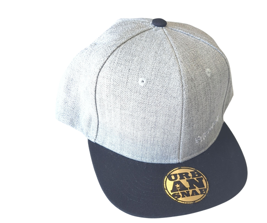 Gray and navy cap with 'Urban Snap' logo on a white background