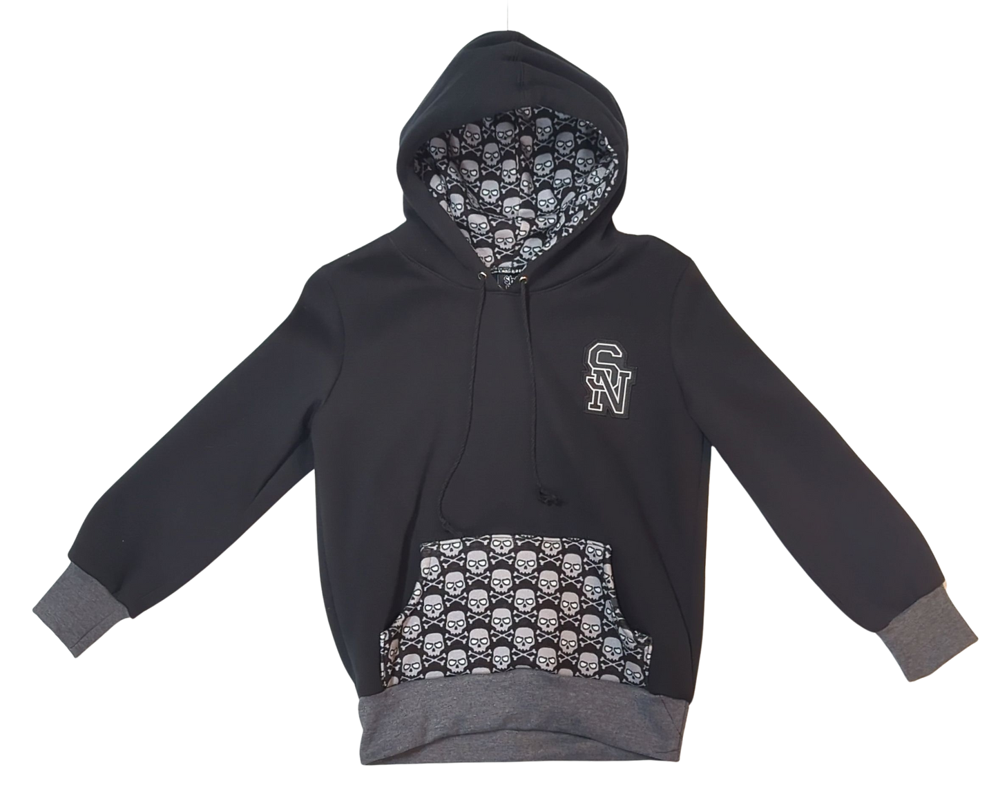 Black hoodie with skull pattern lining on a white background