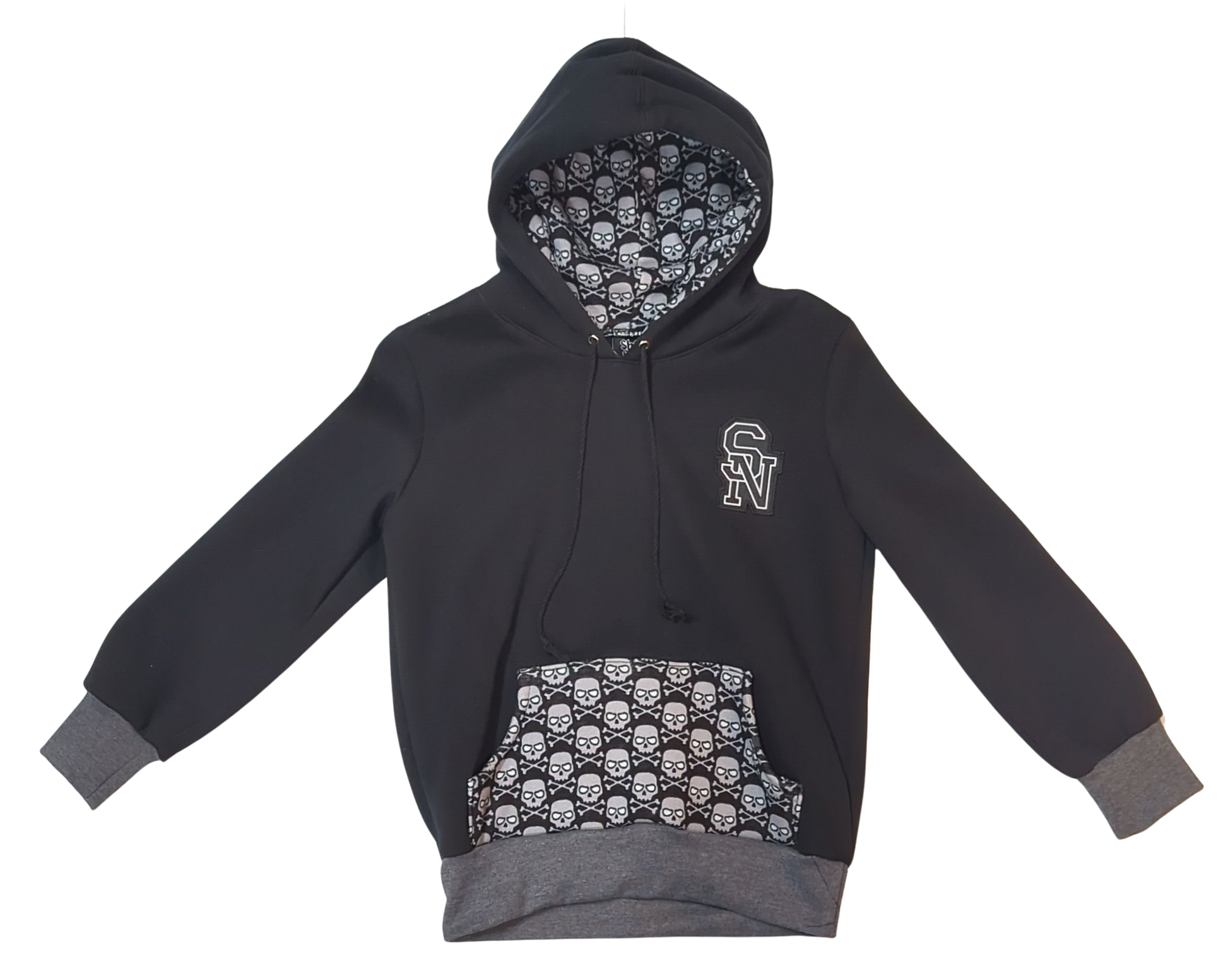 Black hoodie with skull pattern lining on a white background