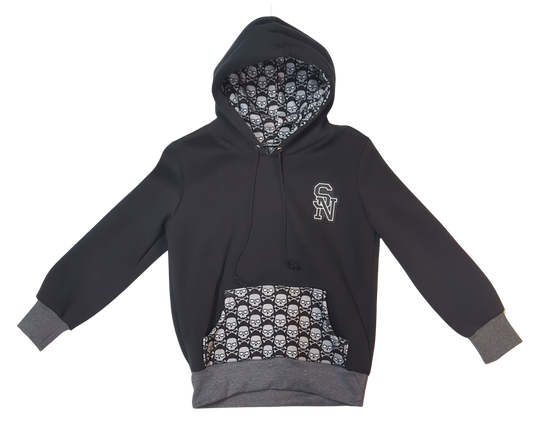 Black hoodie with skull pattern lining on a white background