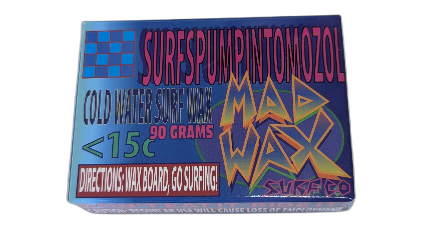 Vintage surf wax container with colorful text and graphics on a white background