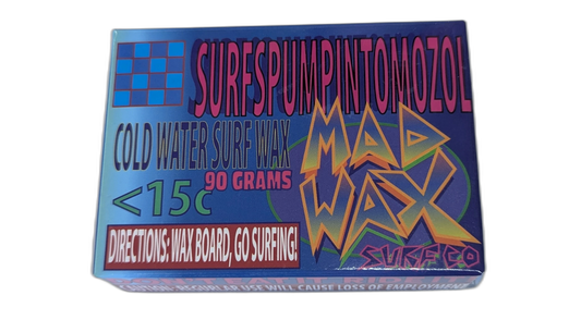 Vintage surf wax container with colorful text and graphics on a white background