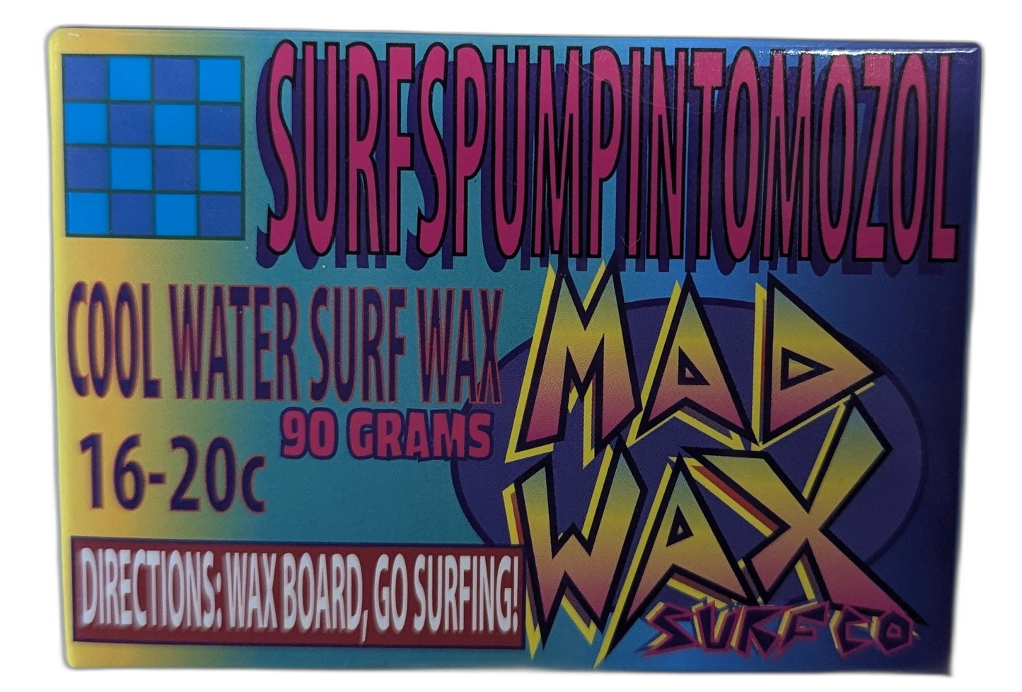 Vintage-style surf wax container with colorful design and text
