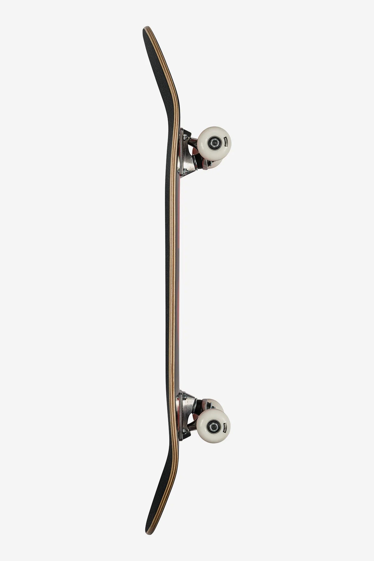 Side profile view of Globe G0 Fubar 7.75 inch Complete Skateboard in Black/Red shed nine