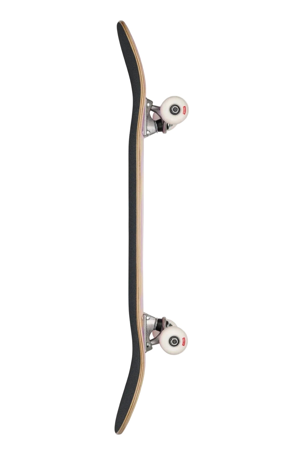 Side profile view of Globe G0 Pond 7.75 inch Complete Skateboard in Pink/Honey shed nine