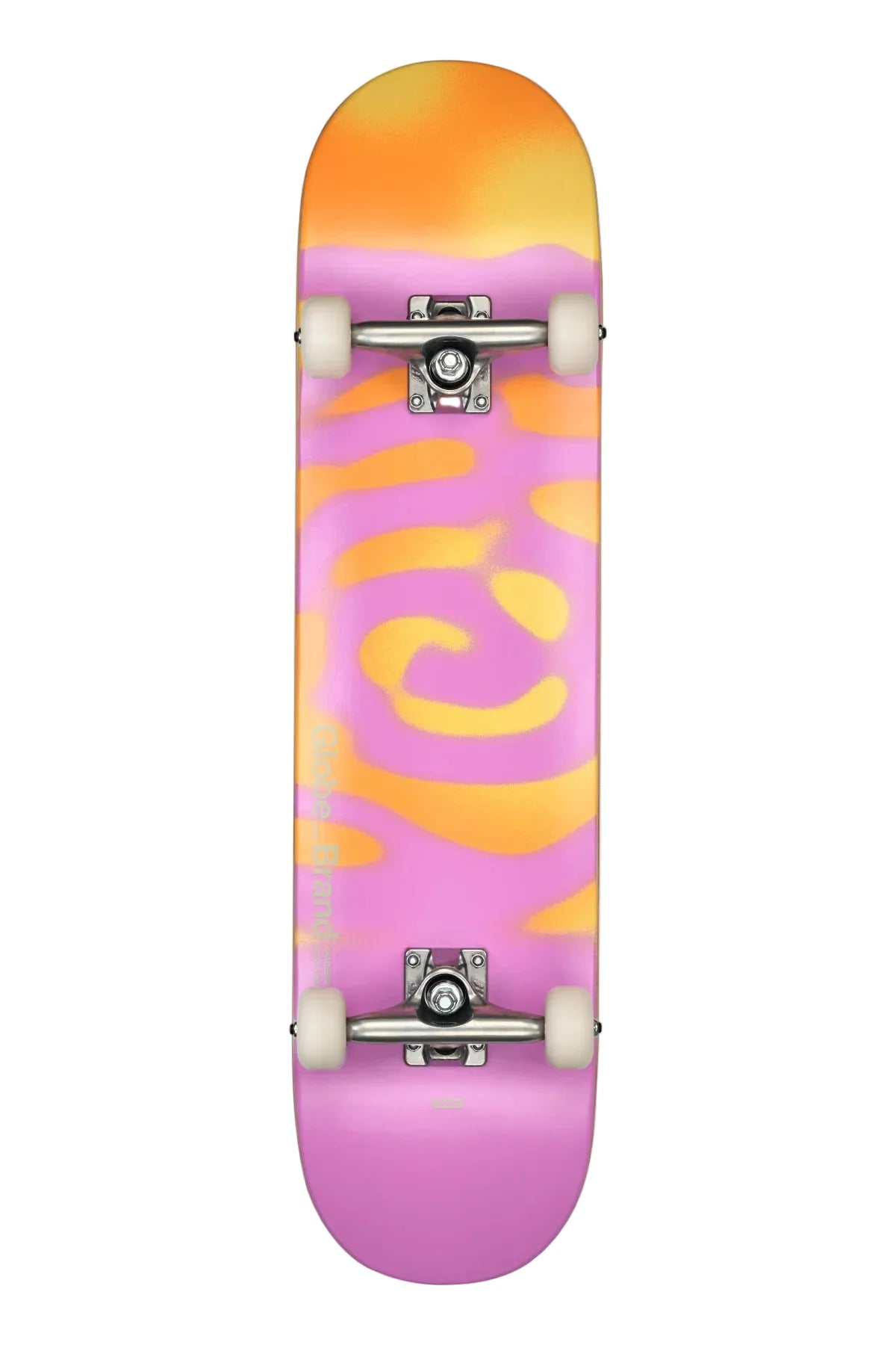 Globe G0 Pond 7.75 inch Complete Skateboard in Pink/Honey top and bottom view shed nine