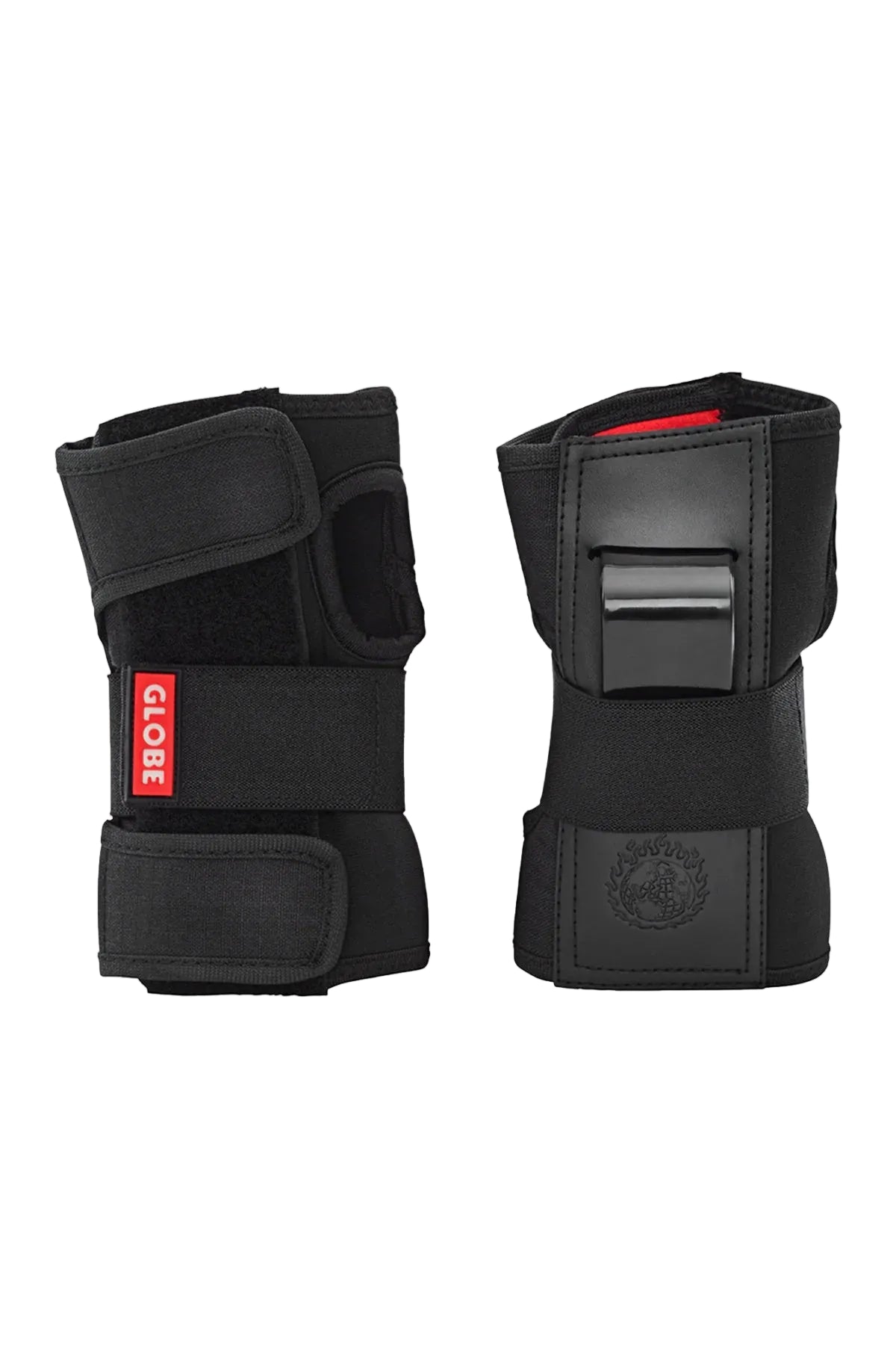 Wrist guard view of Globe Goodstock Kids Pad Set in matte black shed nine