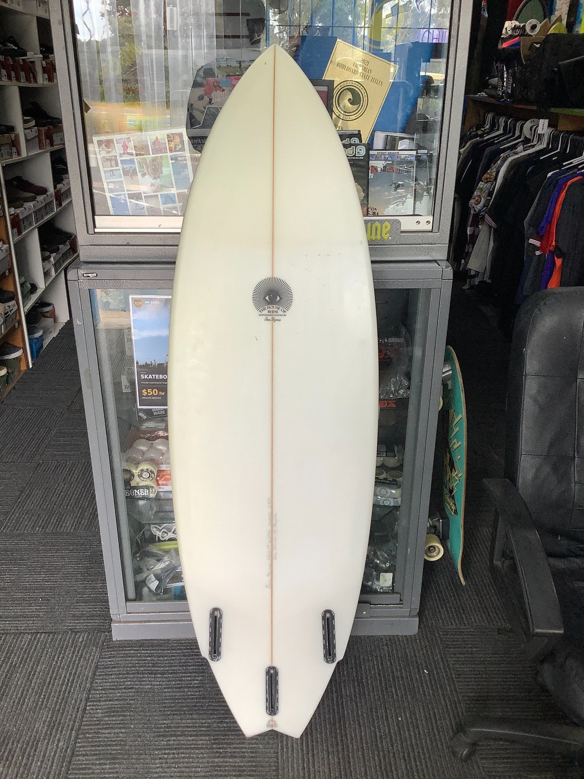The House of Byrne used surfboard underside with three empty fin boxes