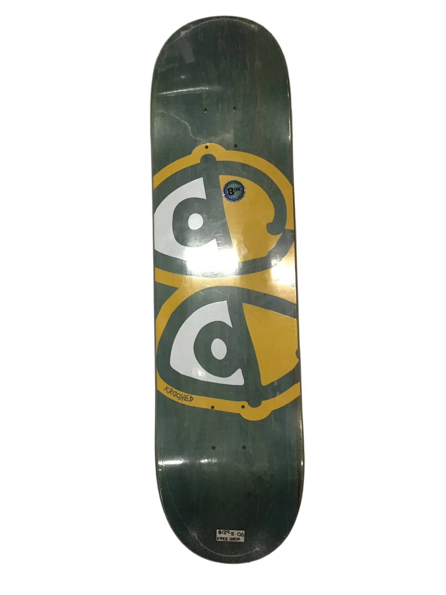 Krooked Team Eyes 8.06 skateboard deck with yellow grey and white eyes graphic