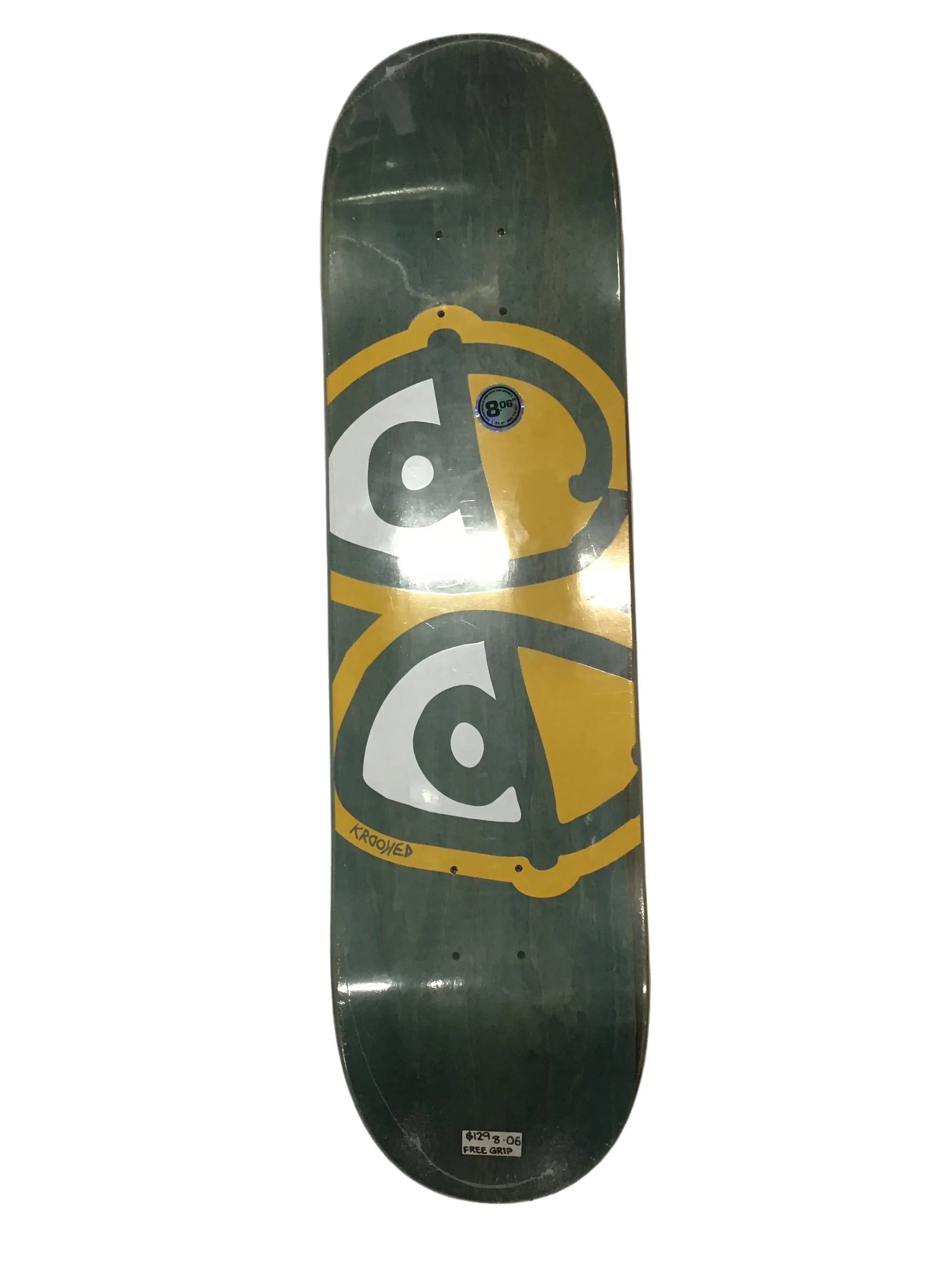 Krooked Team Eyes 8.06 skateboard deck with yellow grey and white eyes graphic