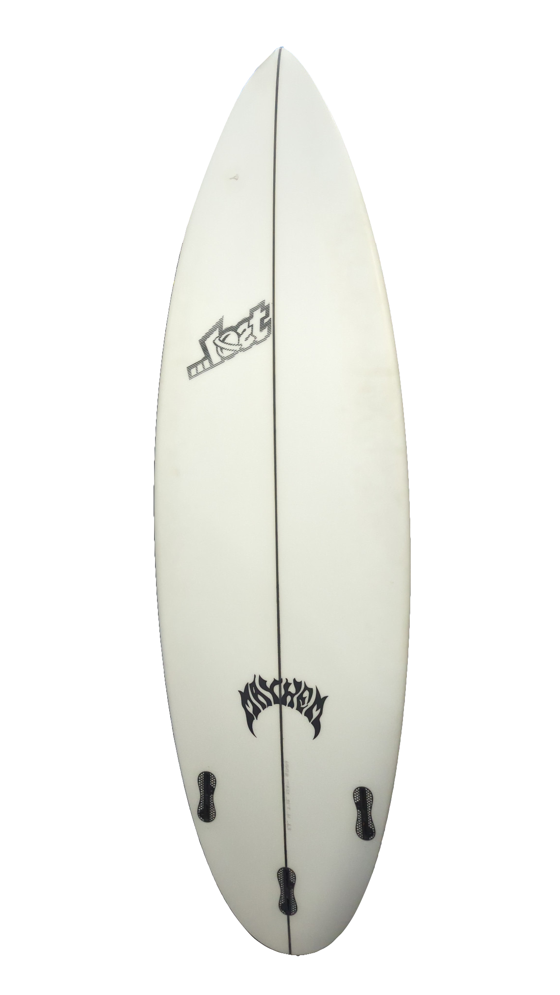 Lost Mayhem 5'9" surfboard underside with three FCS II fin boxes