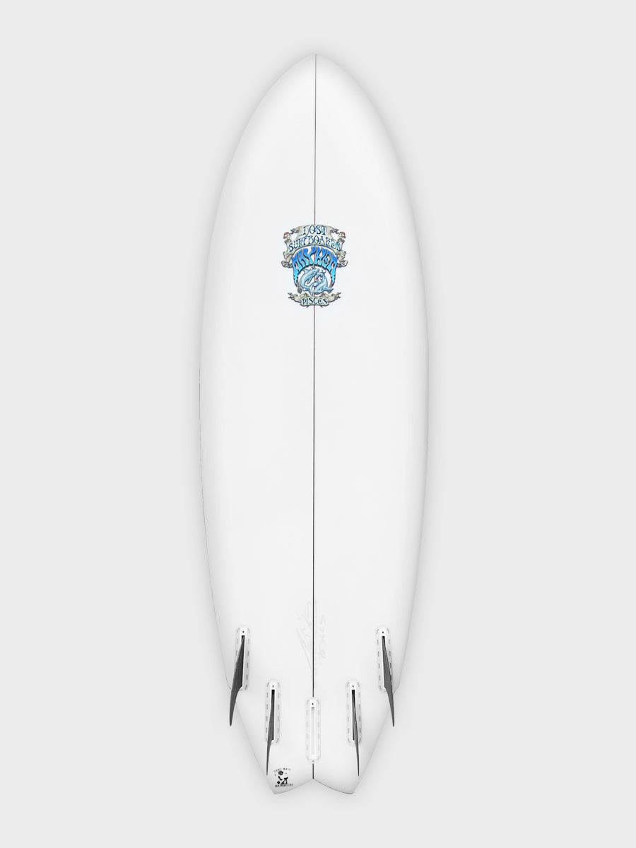 Official Lost Pisces bottom image with illustrative fin setup and blue logo; stocked Shed Nine board has a green logo