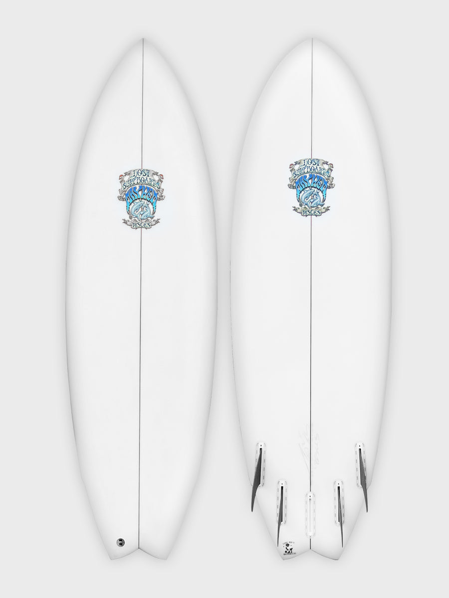 Official Lost Pisces manufacturer image, deck and bottom with blue logos; stocked Shed Nine board has a green logo