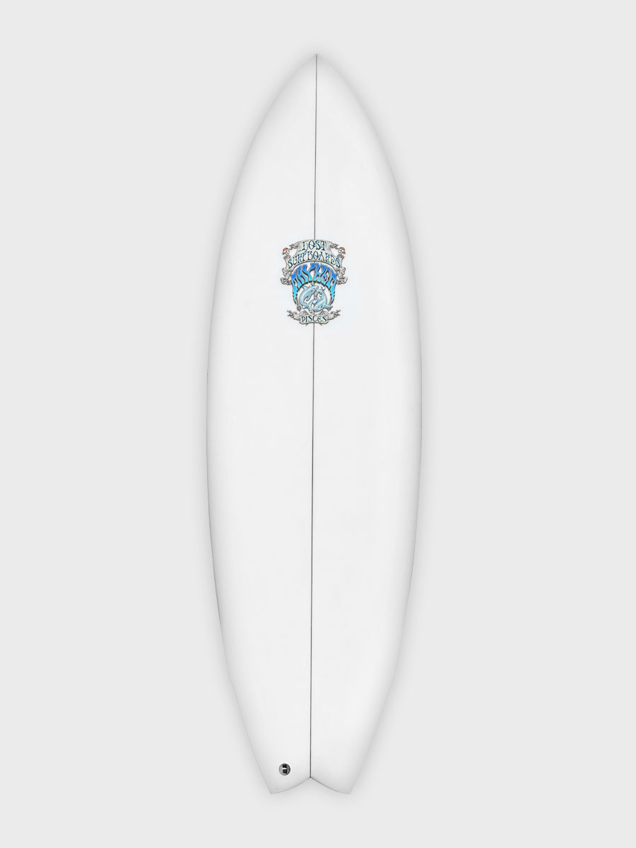 Official Lost Pisces deck image with blue logo; stocked Shed Nine board has a green logo