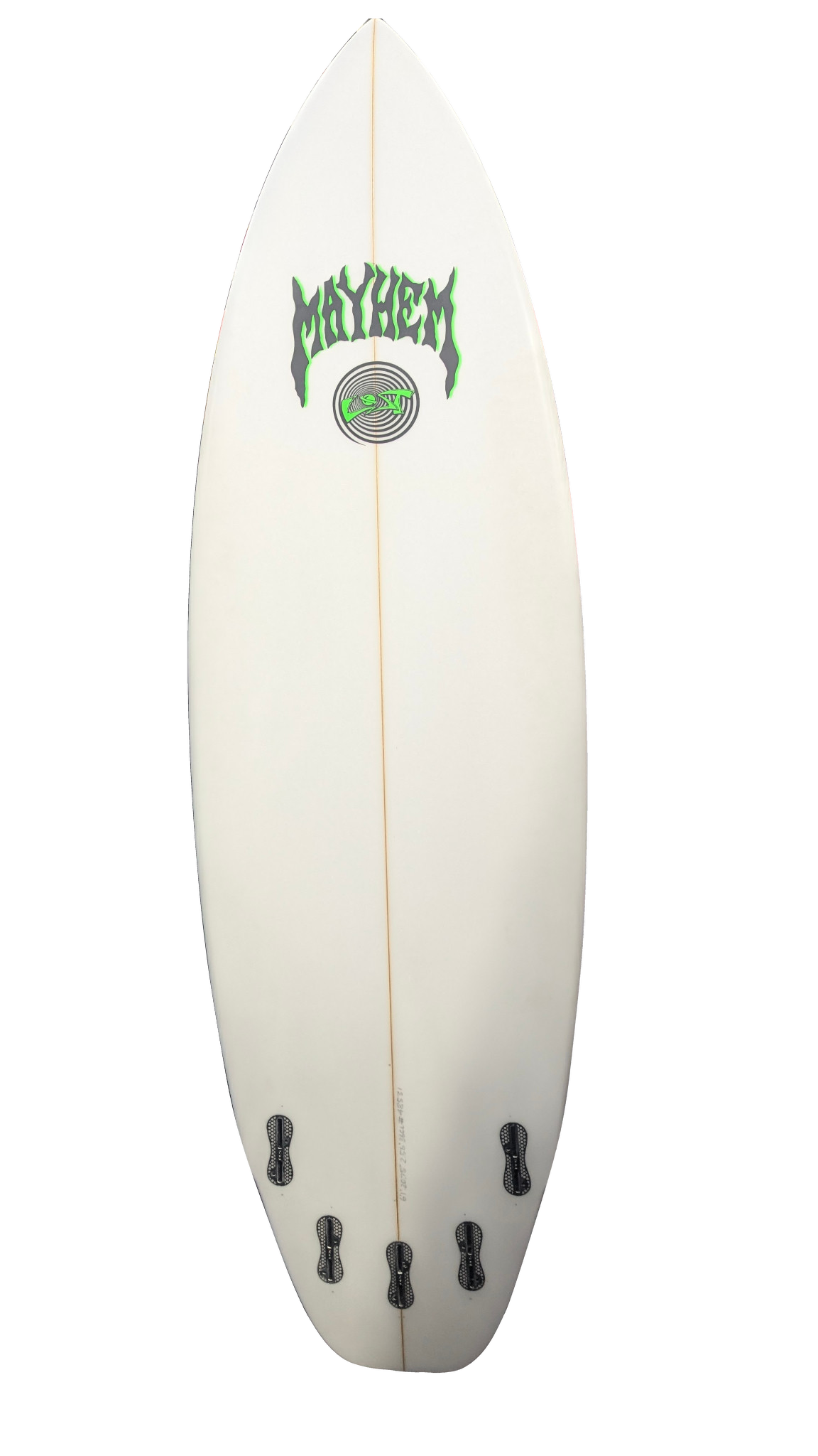 Actual Lost Mayhem Rad Ripper underside showing five FCS II fin boxes, background removed