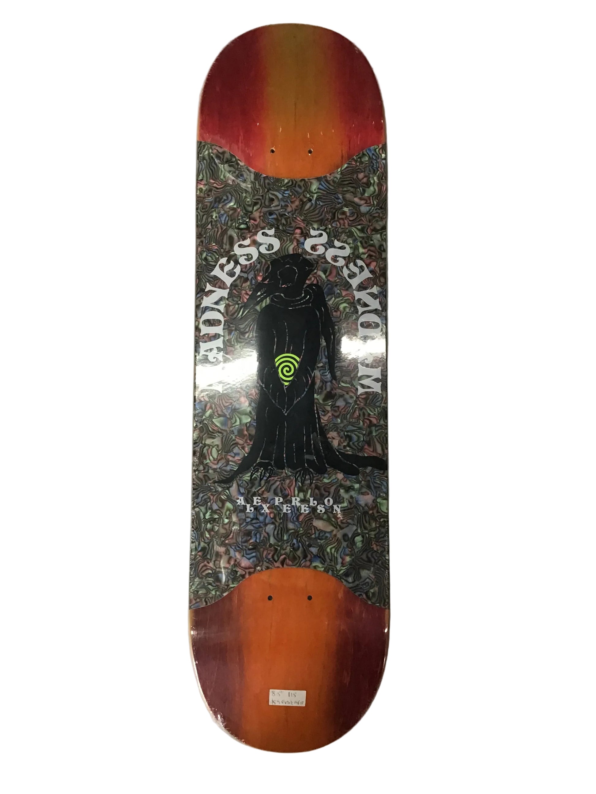 Madness Alex Perelson Birdie R7 8.375 skateboard deck with orange nose and tail and marbled centre slick