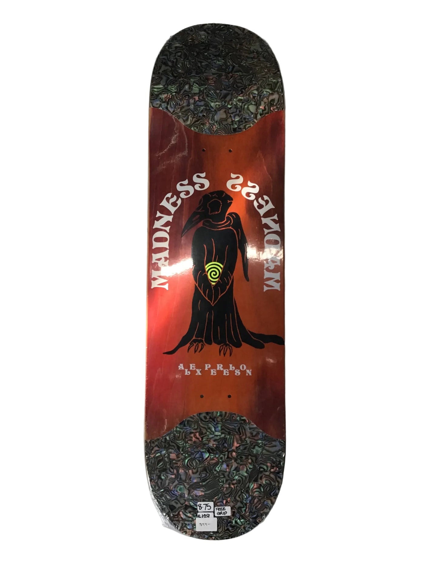 Madness Alex Perelson Birdie R7 Slick 8.375 skateboard deck with orange raven graphic Shed Nine