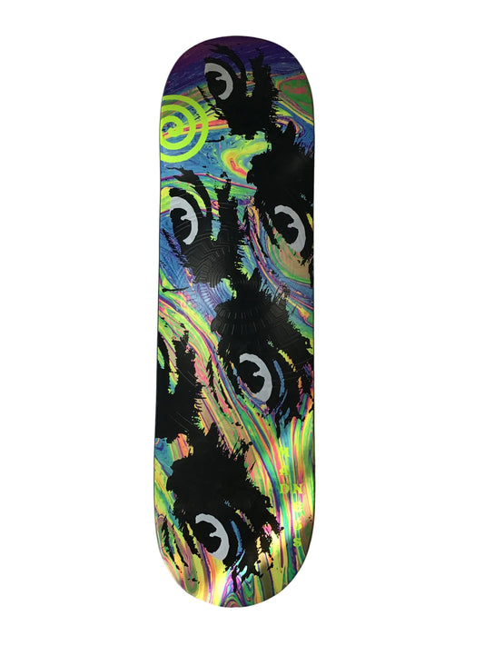 Madness Oil Slick R7 8.5 skateboard deck with psychedelic multi-colour eye graphic