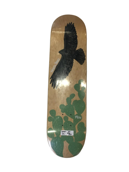 Meow Vanessa Torres Nopales 8.0 skateboard deck with black bird and green cactus graphic